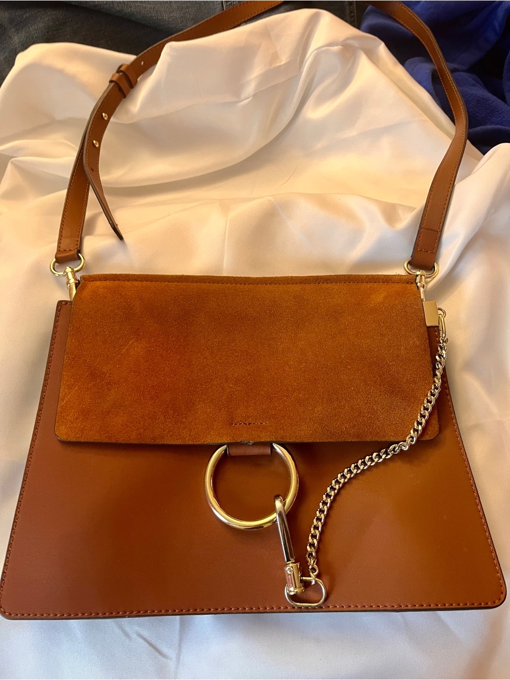 Structured Tan Faux Leather & Suede Shoulder Bag with Gold Ring Accent